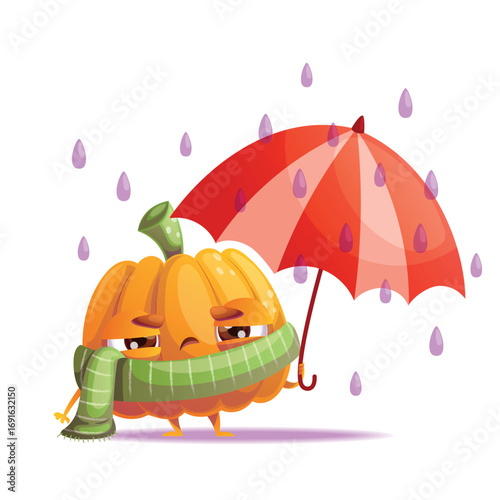A cute pumpkin character in a scarf, cheerfully holding an umbrella in the rain, suits any autumn decoration
