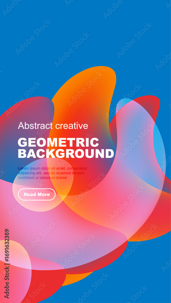 Fototapeta premium Vibrant abstract shapes overlap blue backdrop. Text promotes geometric background design, includes read more button.