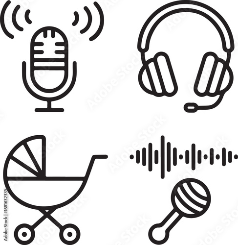 Hand-Drawn Parenting Podcast Icon Pack Microphone, Headphones, Stroller, Baby Rattle, and Audio Recording Symbols