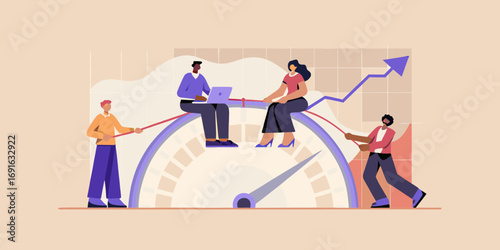 Diverse team collaborating on a large gauge with a rising arrow graph symbolizing business growth and success