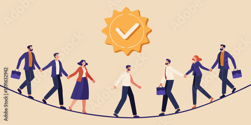 Diverse team of professionals walking hand in hand on a tightrope towards a verified achievement badge