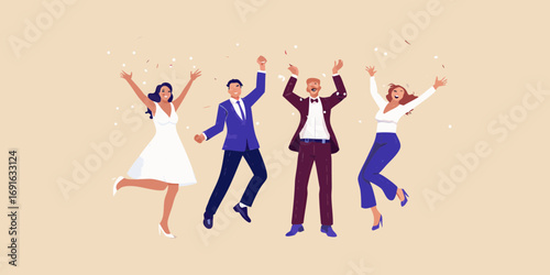 Diverse group of friends celebrating and jumping with confetti falling around them