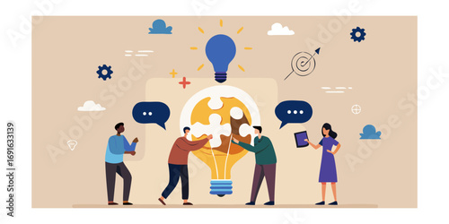 Diverse team collaborates to assemble puzzle pieces inside a glowing lightbulb symbolizing a shared innovative idea
