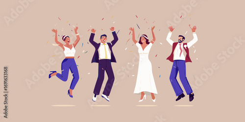 Joyful wedding party celebrating with confetti and raised hands in a festive atmosphere
