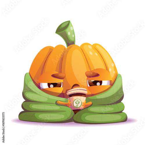 A cute cartoon pumpkin character in a cozy blanket, happily enjoying a drink, perfect for autumn vibes