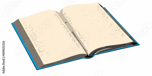 An open book with blank pages and a blue cover on a white background