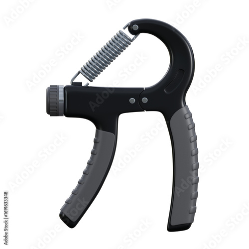3D render of a handgrip with soft black and grey handles and strong metallic spring.