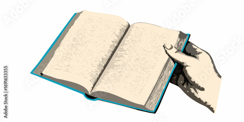 Open book with pages filled with text held by a hand on a white background