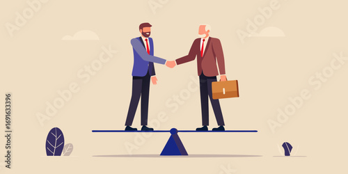Two businessmen shaking hands on a balanced scale representing equality and partnership in business dealings