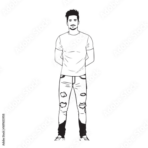 Handsome Man Black and White Illustration Vector Image Male Portrait Fashion Sketch Line Art Design	
