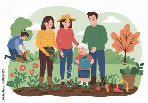 An inclusive lifestyle illustration featuring a multi-generational family happily cultivating a home garden, nurturing plants and bonding while embracing sustainable outdoor living