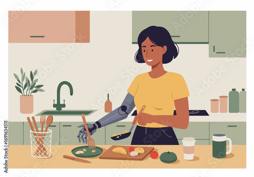 Inclusive Lifestyle A Woman with a Prosthetic Arm Cooking in her Kitchen