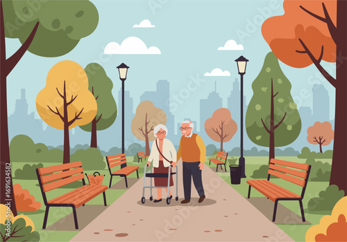 Inclusive senior lifestyle illustration elderly couple enjoying a park walk with support, promoting healthy aging and community integration