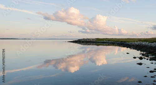Calm water reflecting clouds