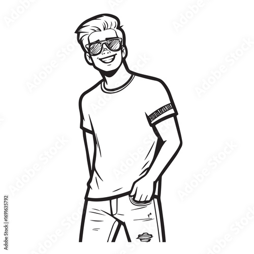 Handsome Man Black and White Illustration Vector Image Male Portrait Fashion Sketch Line Art Design	
