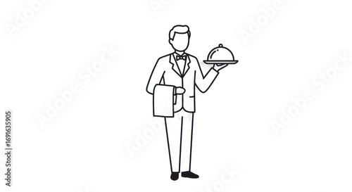 Stylized Waiter Illustration Holding Covered Silver Platter and White Towel