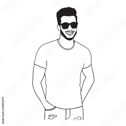 Handsome Man Black and White Illustration Vector Image Male Portrait Fashion Sketch Line Art Design	
