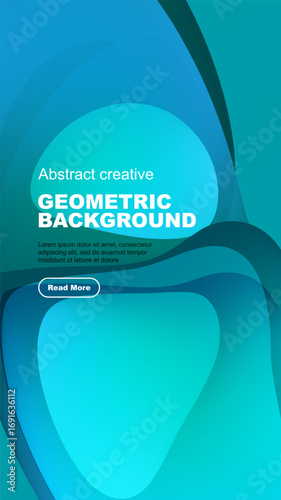 Abstract geometric background features flowing blue shapes, dark backdrop, text sample, button. Modern design elements present.