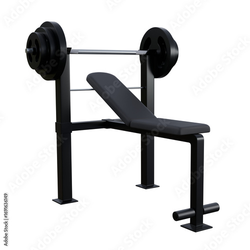 A realistic 3D render of a black weight bench with a barbell on top