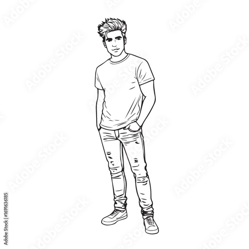 Handsome Man Black and White Illustration Vector Image Male Portrait Fashion Sketch Line Art Design	
