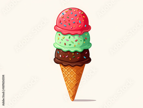 Delicious triple scoop ice cream cone with strawberry mint and chocolate flavors