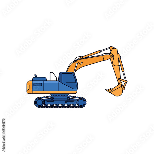 Heavy yellow construction equipment, a bulldozer and an excavator, are isolated on a white background