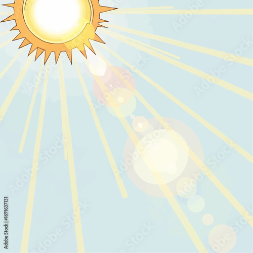 Illustration of a bright sun shining with light rays on a blue background.