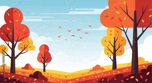 Autumn landscape with colorful trees and falling leaves, a serene scene of nature in the fall season.