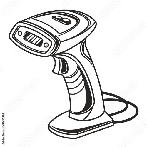 Detailed Line Art Illustration of a Handheld Barcode Scanner.