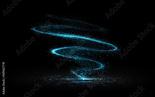 Blue glowing particle swirl forming a dynamic spiral pattern