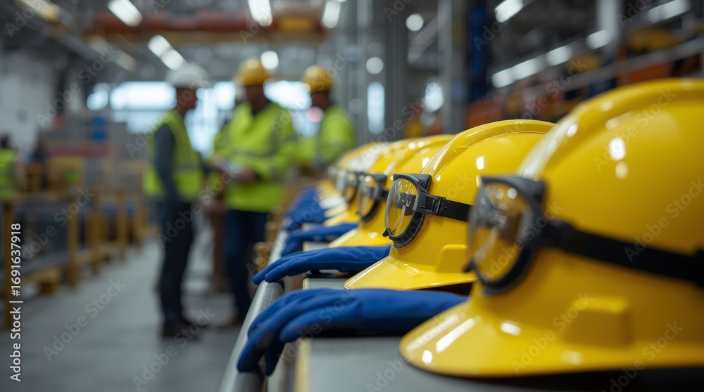 Obraz premium A close-up, shallow depth of field shot focusing on a row of bright yellow safety hard hats, each with black safety goggles attached, neatly placed on a shelf or table in an industrial setting.
