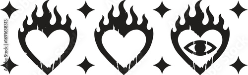 Illustration of hearts with flames and stars in black and white