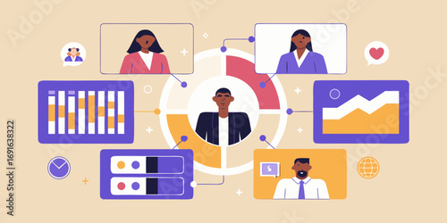 Diverse team collaborating remotely with data analytics and charts on a light background