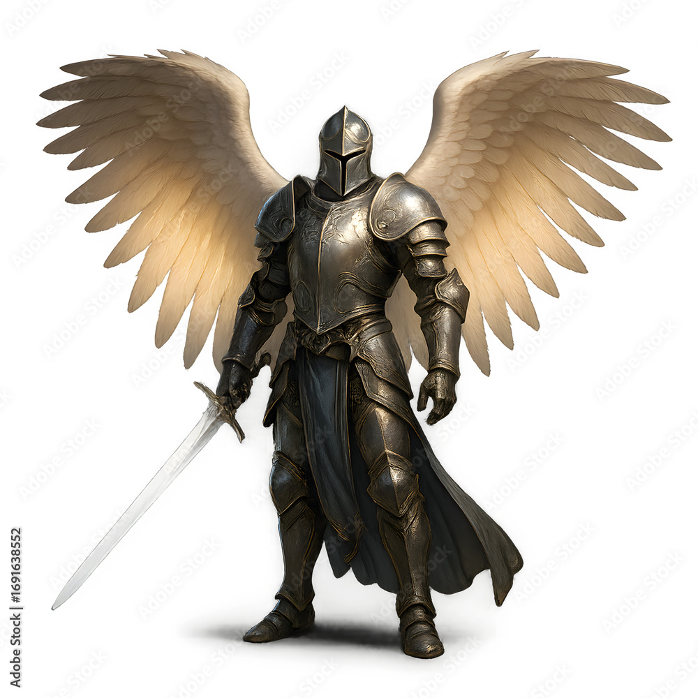 Obraz premium Armored Angel Warrior with Sword and Wings – Epic Fantasy and Spiritual Guardian Illustration | Transparent Background