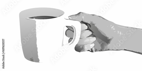 Close up of a hand holding a white mug filled with dark liquid against a white background