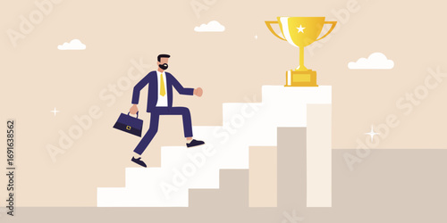 Businessman climbing stairs towards a golden trophy symbolizing achievement and success in career growth