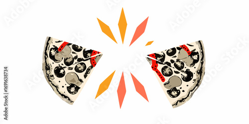 Two slices of delicious mushroom and pepperoni pizza exploding with flavor and color