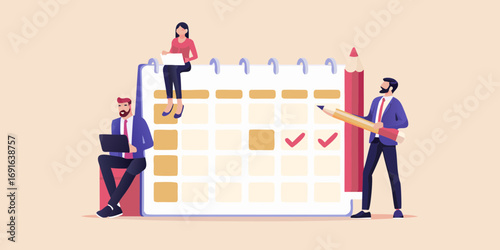 Business team planning and scheduling tasks on a large calendar with a pencil and laptop