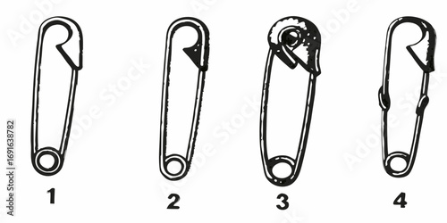 Four different types of safety pins shown in a simple black and white line drawing illustration