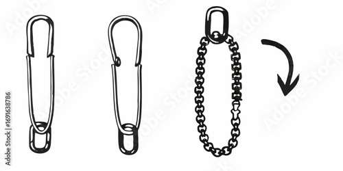 Illustration of a safety pin and a chain with an arrow indicating a connection or action