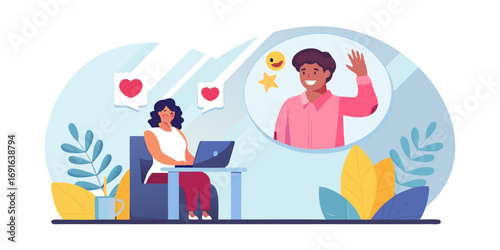 Woman having a video call with a man receiving hearts and a star emoji