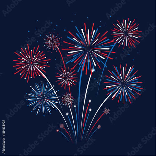 Red, white, and blue fireworks on a dark blue background.