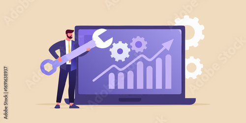 Businessman with wrench adjusting gears and improving business growth chart on laptop screen