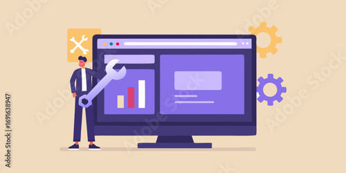 Man with wrench working on computer screen with charts and gears representing development and maintenance
