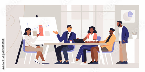Diverse business team collaborating and presenting data during a meeting in a modern office setting
