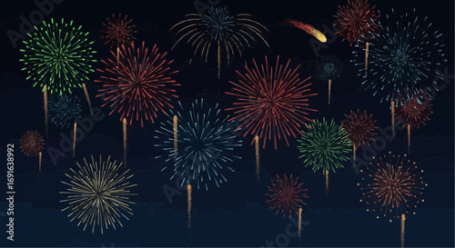 A spectacular display of multi-colored fireworks exploding against a dark night sky with a shooting star.