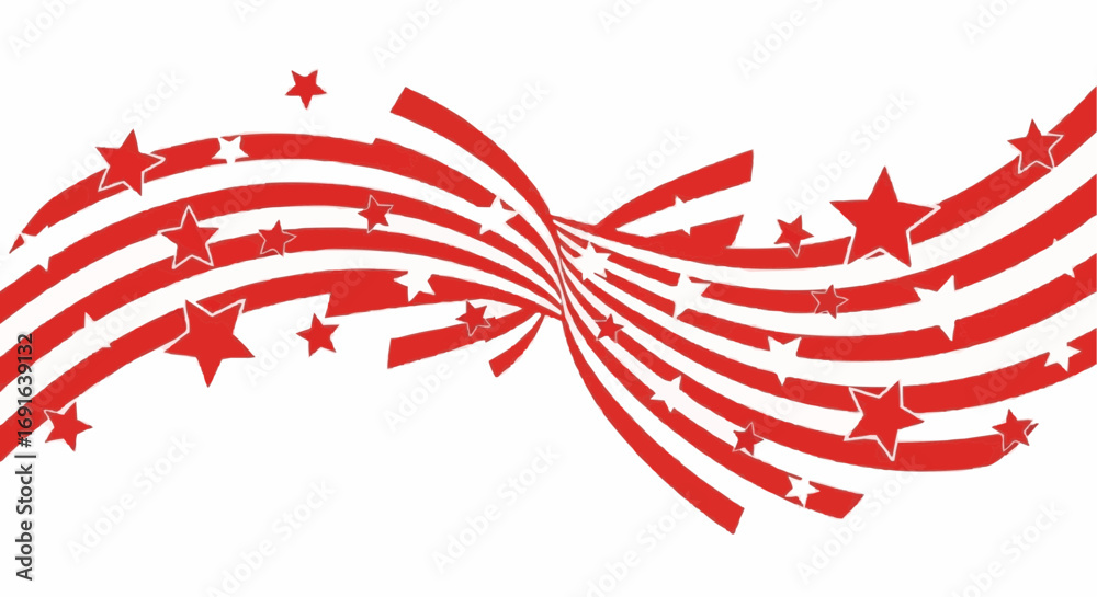 Obraz premium Abstract design with flowing red stripes and scattered stars on a white background.
