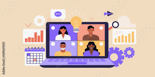 Diverse team collaborating on a video conference call with charts and calendar icons representing business planning