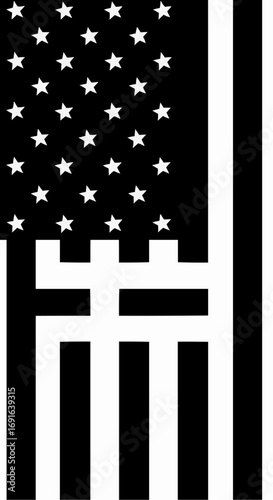 A black and white graphic design merging the American flag with a Christian cross.