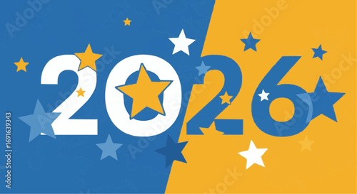 A vibrant graphic displaying the year 2026 with a large star replacing the zero, set against a split blue and yellow background adorned with various stars.